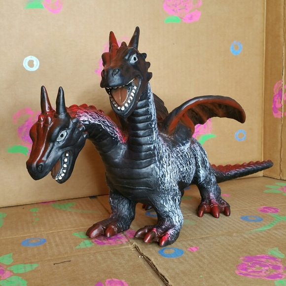 Red and Black Two-Headed Rubber Dragon Toy Figure - Picture 2 of 11